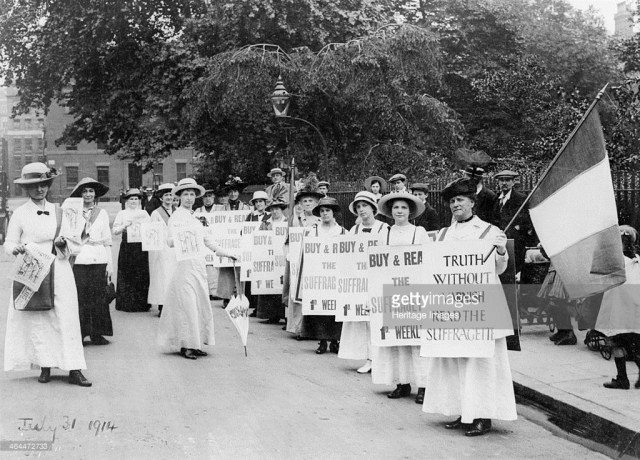 suffragettes-on-a-poster-parade-selling-the-suffragette-31st-july-picture-id464472733